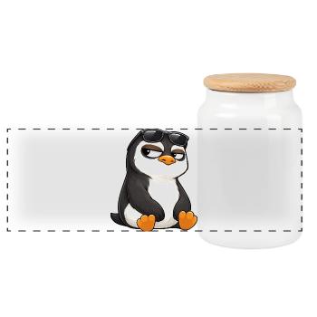 Cool cartoon penguin with sunglasses skeptical - Panoramic Cookie Jar with Wooden Lid - white - Front