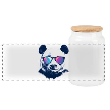 cooler Panda mit Neon Sonnenbrille Porträt Motiv - Panorama Keksdose mit Holzdeckel - Weiß - Vorne