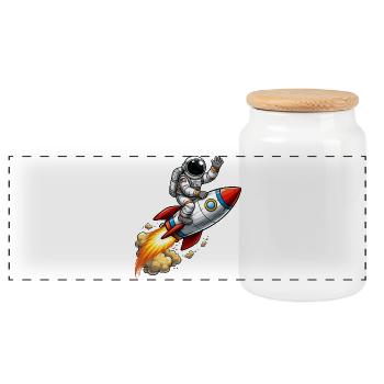 Astronaut on Rocket Cartoon - Panoramic Cookie Jar with Wooden Lid - white - Front