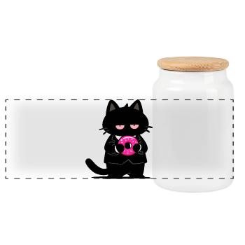 Chat noir avec un donut rose - Boîte à biscuits avec couvercle en bois - blanc - Devant