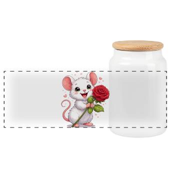 Cute Mouse with Rose – Valentine's Day Motif Full of Love - Panoramic Cookie Jar with Wooden Lid - white - Front