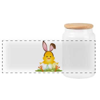 Petit poussin de Pâques mignon avec des oreilles de lapin et des œufs de Pâques - Boîte à biscuits avec couvercle en bois - blanc - Devant