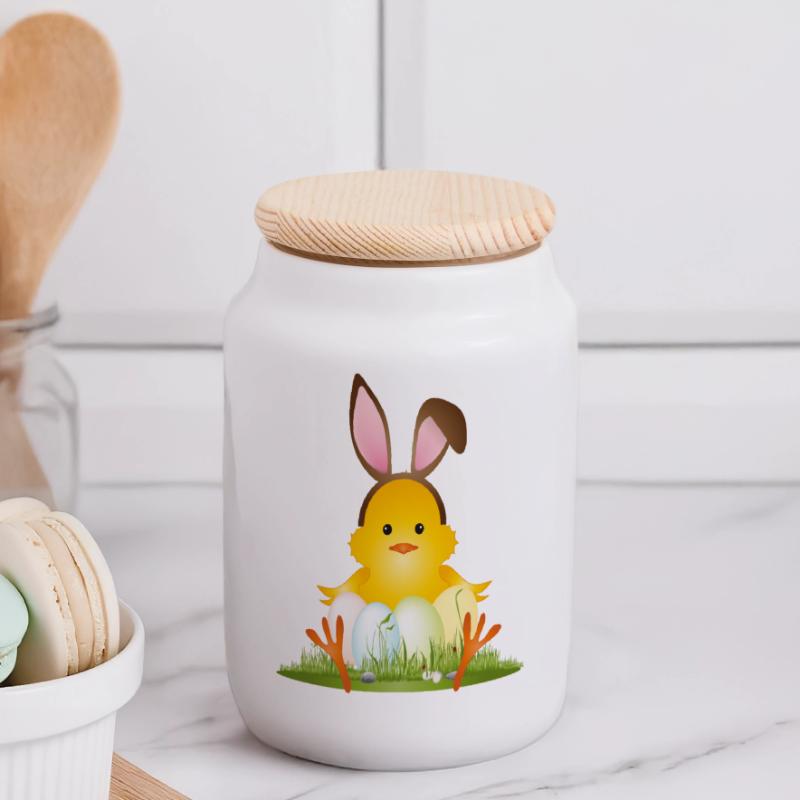 Cute Easter chick with bunny ears & Easter eggs Panoramic Cookie Jar with Wooden Lid