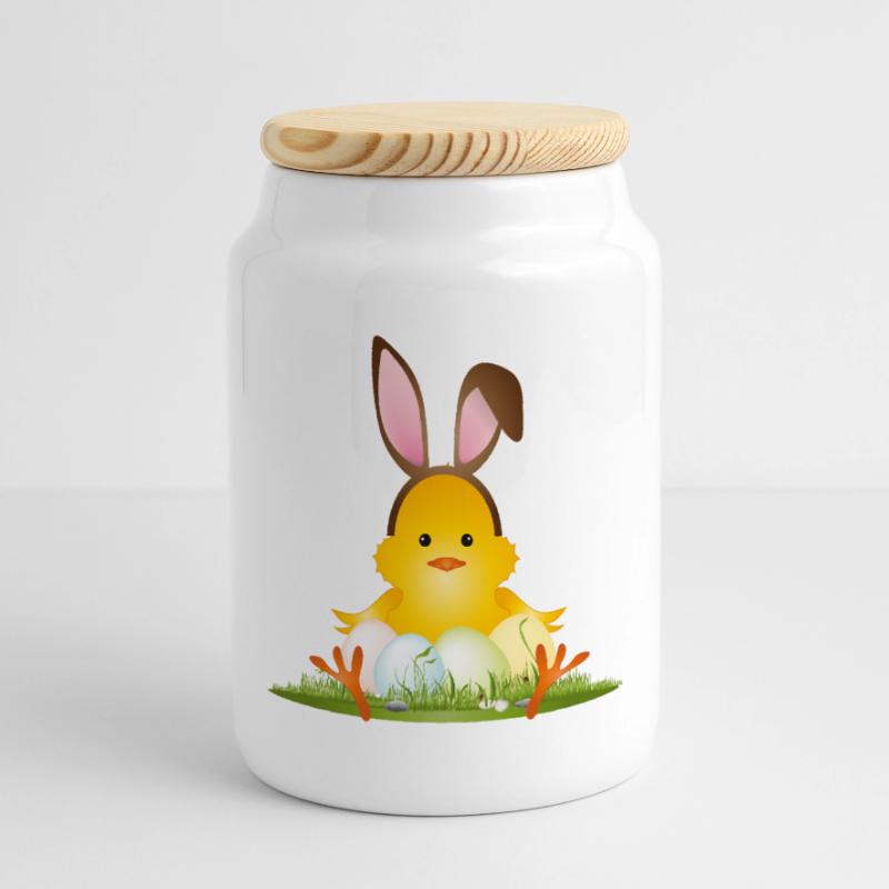 Cute Easter chick with bunny ears & Easter eggs Panoramic Cookie Jar with Wooden Lid
