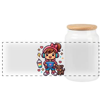 Fille Gamer Esthétique avec une tablette de surf et un chiot - Boîte à biscuits avec couvercle en bois - blanc - Devant
