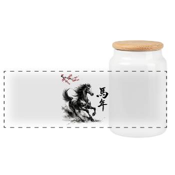 Chinese Year of the Horse 2026 - Panoramic Cookie Jar with Wooden Lid - white - Front