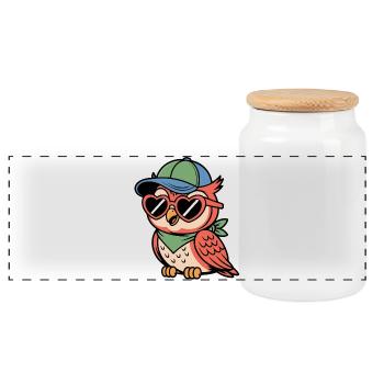 Sunglasses owl in retro look - Panoramic Cookie Jar with Wooden Lid - white - Front