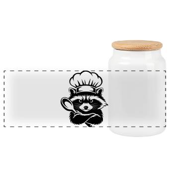 Funny raccoon with chef's hat and spoon - Panoramic Cookie Jar with Wooden Lid - white - Front