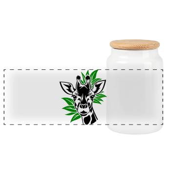 Giraffe with leaves in the background - Panoramic Cookie Jar with Wooden Lid - white - Front
