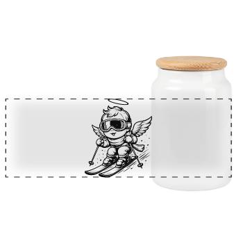 Cool angel on skis with goggles - Panoramic Cookie Jar with Wooden Lid - white - Front