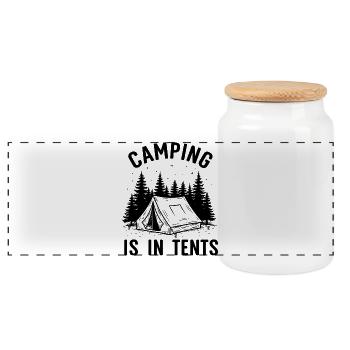Camping is in Tents - Panoramic Cookie Jar with Wooden Lid - white - Front
