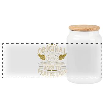 50. Geburtstag Geschenk 1976 Jahrgang Retro - Panorama Keksdose mit Holzdeckel - Weiß - Vorne