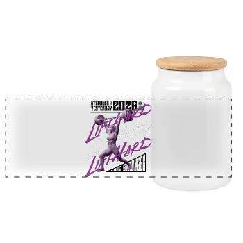 Weight lifting woman, purple pink dark version - Panoramic Cookie Jar with Wooden Lid - white - Front