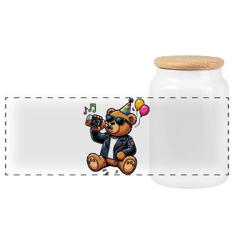 Party Bear with Leather Jacket Whiskey Drinking Party - Panoramic Cookie Jar with Wooden Lid - white - Front
