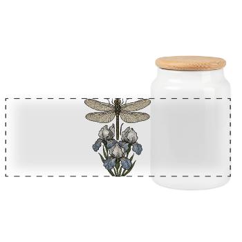 Dragonfly over iris flowers - Panoramic Cookie Jar with Wooden Lid - white - Front