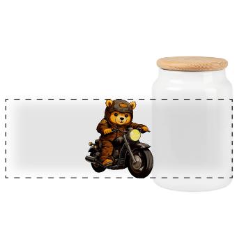 Bär Motorradfahrer - Panorama Keksdose mit Holzdeckel - Weiß - Vorne