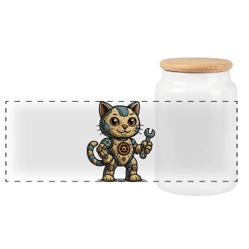 Steampunk-Katze Schrauberheld - Panorama Keksdose mit Holzdeckel - Weiß - Vorne