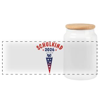 Schulkind 2026 - Schultüte - rot blau Farbverlauf - Panorama Keksdose mit Holzdeckel - Weiß - Vorne