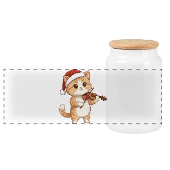 Christmas Cat Kitten Playing Violin Art - Panoramic Cookie Jar with Wooden Lid - white - Front
