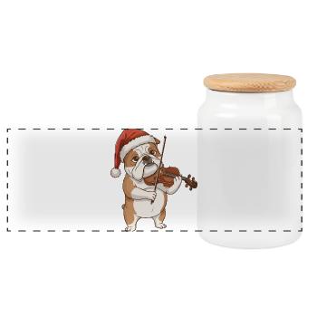 Christmas Bulldog Dog Playing Violin Art - Panoramic Cookie Jar with Wooden Lid - white - Front