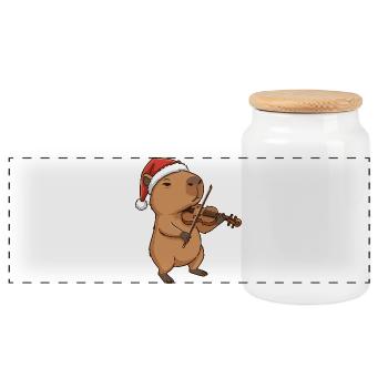 Christmas Capybara Animal Playing Violin - Panoramic Cookie Jar with Wooden Lid - white - Front