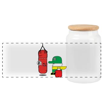 Cartoon Boxing Duo: Maskottchen Bold Bag - Panorama Keksdose mit Holzdeckel - Weiß - Vorne