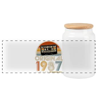 Original 1987 Retro Vintage Birthday Gift - Panoramic Cookie Jar with Wooden Lid - white - Front