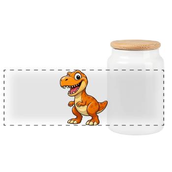 Funny Dino Cartoon T-Rex - Panoramic Cookie Jar with Wooden Lid - white - Front