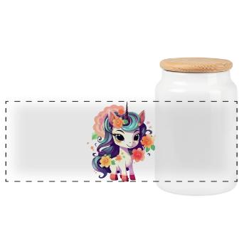 Pastel Unicorn with Flower Crown - Panoramic Cookie Jar with Wooden Lid - white - Front
