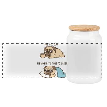 Cute Pug Coffee Cartoon Coffee Lover - Panoramic Cookie Jar with Wooden Lid - white - Front