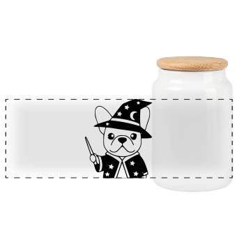 Frenchie Wizard Magic Outline - Panoramic Cookie Jar with Wooden Lid - white - Front