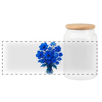 Blaues Blumenbouquet Acryl - Panorama Keksdose mit Holzdeckel - Weiß - Vorne
