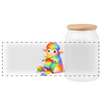 Cute Rainbow Sheep Knitting - Panoramic Cookie Jar with Wooden Lid - white - Front