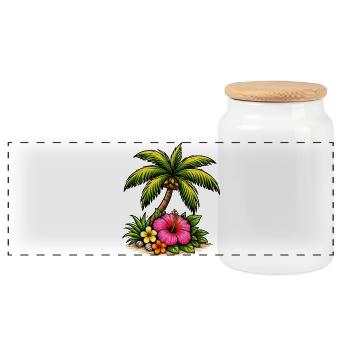Tropical Island Hibiscus Pattern - Panoramic Cookie Jar with Wooden Lid - white - Front