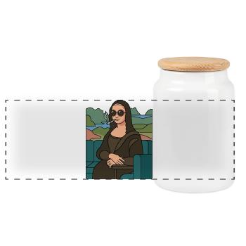 Mona Lisa cool mit Sonnenbrille am kiffen - Panorama Keksdose mit Holzdeckel - Weiß - Vorne
