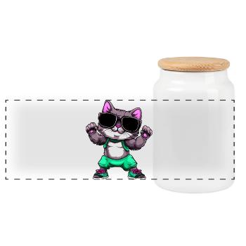 Fitness Cat - Panoramic Cookie Jar with Wooden Lid - white - Front