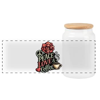Peace Love Kaffeerosen-Kunstwerk - Panorama Keksdose mit Holzdeckel - Weiß - Vorne