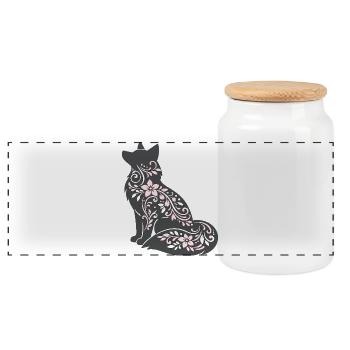 Blumenverzierte Katzen-Silhouette - Panorama Keksdose mit Holzdeckel - Weiß - Vorne