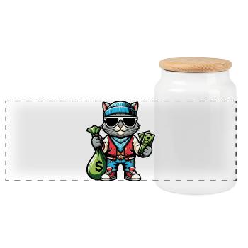 Chat avec de l’argent et des lunettes de soleil - Boîte à biscuits avec couvercle en bois - blanc - Devant