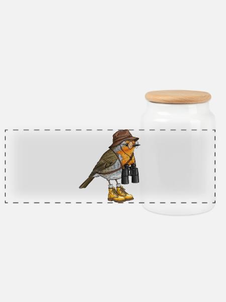 Entdecker-Robin mit Fernglas - Panorama Keksdose mit Holzdeckel - Weiß