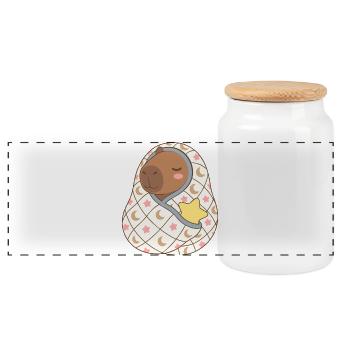 Niedliches schlafendes Capybara in Decke – Kawaii-Kunst - Panorama Keksdose mit Holzdeckel - Weiß - Vorne