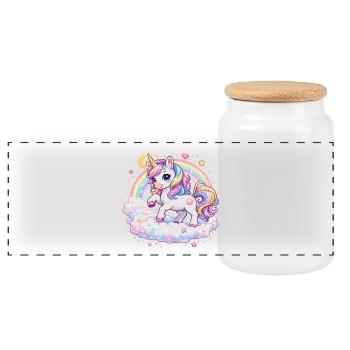 Pastel Unicorn on Cloud Arch - Panoramic Cookie Jar with Wooden Lid - white - Front