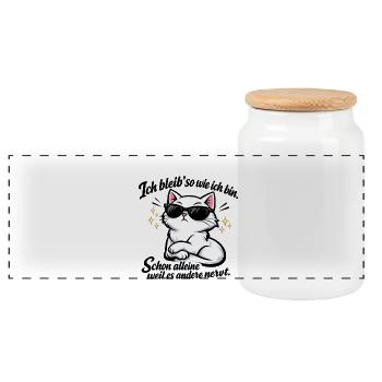 Katze Ich bleib so wie ich bin Spruch - Panorama Keksdose mit Holzdeckel - Weiß - Vorne