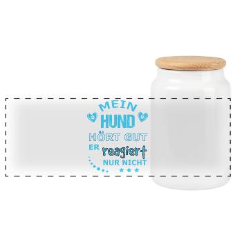 My dog hears well, never responds - Panoramic Cookie Jar with Wooden Lid - white - Front