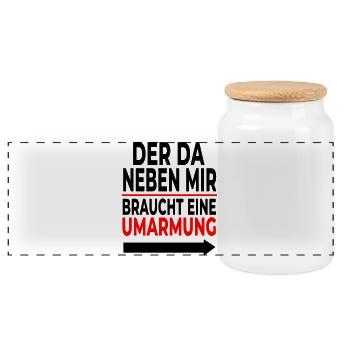 Umarmung: Rote Linie Schriftdesign - Panorama Keksdose mit Holzdeckel - Weiß - Vorne