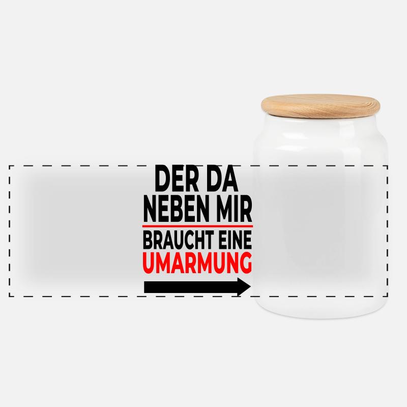 Umarmung: Rote Linie Schriftdesign - Panorama Keksdose mit Holzdeckel - Weiß