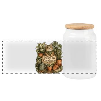 Plant Care Coordinator Cat - Panoramic Cookie Jar with Wooden Lid - white - Front