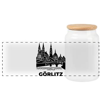 Görlitz Silhouette Wahrzeichen - Panorama Keksdose mit Holzdeckel - Weiß - Vorne