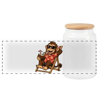 Monkey on the beach in Hawaiian look - Panoramic Cookie Jar with Wooden Lid - white - Front