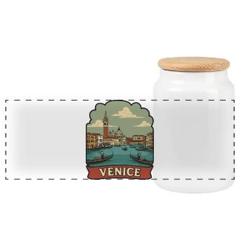 Venice Grand Canal Gondola Vintage Travel Sticker - Panoramic Cookie Jar with Wooden Lid - white - Front